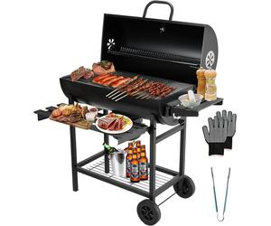 TEENO Chariot à Barbecue de Bois,Grill XXL à Charbon avec Couvercle, Thermomètre,Tiroir à Cendres,Gants anti-brûlures, Évent Réglable