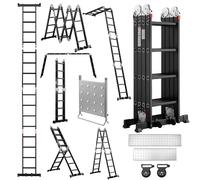 TEENO échelle alu 4,7m 7en1, support travail, 2 plateformes, roues amovibles, noir