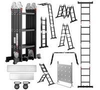 TEENO Échelle Multifonction 7 en 1, 3.6 M, 4x3 Marches, Échelle Pliante en Aluminium avec 2 Plateformes, Support de Travail pour Échelle, Pieds en Caoutchouc, 2 Roues Amovibles, Charge 150 kg, Noir