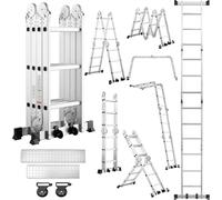 TEENO Échelle Multifonction 7 en 1, 3.6 M, 4x3 marches, Échelle Pliante en Aluminium avec 2 Plateformes, Pieds en Caoutchouc, 2 Roues Amovibles