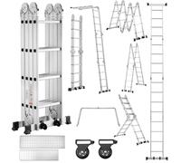 TEENO Échelle Multifonction 7 en 1, 4.7 M, 4x4 marches, Échelle Pliante en Aluminium avec 2 Plateformes, Pieds en Caoutchouc, 2 Roues Amovibles, 16 échelons, Charge Max 150 kg, Argenté