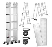TEENO Échelle Multifonction 7 en 1, 5.8 M, 4x5 marches, Échelle Pliante en Aluminium avec 2 Plateformes, Pieds en Caoutchouc, 2 Roues Amovibles, 20 échelons, Charge Max 150 kg, Argenté