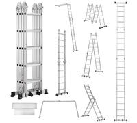 TEENO Échelle Multifonction 7 en 1, 5.8 M, 4x5 marches, Échelle Pliante en Aluminium avec 2 Plateformes, Pieds en Caoutchouc, 2 Roues Amovibles