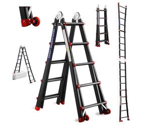 TEENO Échelle Pliable Multifonction 5.1 M, Escabeau Telescopique 5 en 1, Haute Performance, 5x5 Marches, Stable jusqu'à 150kg, 2 Roues Amovibles, Noir