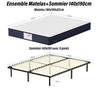 TEENO Ensemble Matelas à ressorts +Sommier à Lattes sur Pieds, 140x190cm