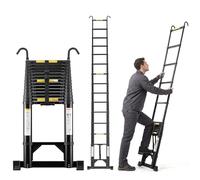 TEENO Escalera telescópica de aluminio 4,4 m, Escalera Plegable Portátil Barra Estabilizadora y Ganchos Extraíbles, Refuerzo Triangular en la Parte Inferior, Negro, Capacidad 150 kg