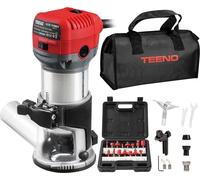 TEENO Fraiseuse à bois 710W 13000-33000 tr/min avec raccord d'aspiration des poussières, 15 pièces 1/4" fraise Cuter, 6 vitesses, pince de serrage 6MM, 6.35MM, 8MM