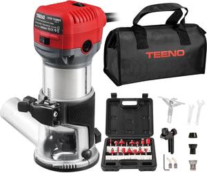 TEENO Fraiseuse à bois 710W 13000-33000 tr/min avec raccord d'aspiration des poussières, 15 pièces 1/4" fraise Cuter, 6 vitesses, pince de serrage 6MM, 6.35MM, 8MM