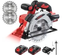 TEENO Scie circulaire laser sans fil 4000 RPM avec frein électrique, 2X2.0 AH batteries, 2X165mm lames, profondeur et angle de coupe réglables