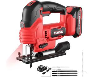 TEENO Scie sauteuse sans fil avec batterie 2,0 AH, outil scie sauteuse 800-3000SPM avec 5 lames, vitesse variable(deux batteries)