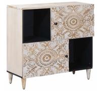 Teenpull Buffet avec espace de rangement, blanc en bois massif de mangue, 80 x 33,5 x 75 cm, avec 2 portes, meuble bas moderne pour salon, home cinéma et meuble TV avec étagère et gestion des câbles