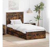 Teenpull Cadre de lit en chêne fumé en bois d'ingénieur 90 x 200 cm avec tête de lit intégrée et 6 tiroirs cachés, design moderne stable pour chambre à coucher et espace de rangement