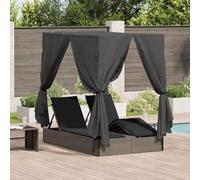 Teenpull Chaise longue double en rotin synthétique - Gris - 205 x 129 x 200 cm - Avec toit et rideaux - Résistant aux intempéries - Pour jardin, terrasse, balcon - Relaxation et salon confortable