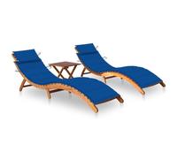 Teenpull Chaises Longues Lot de 2 en Bois d'acacia Massif avec Table et Coussins Bleus, Pliables pour Patio et Jardin, Chaise Lounge Outdoor résistante aux intempéries