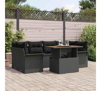 Teenpull Ensemble de canapé de Jardin 7 pcs Noir Poly Rattan avec Coussins Amovibles, Acier Enduit de Poudre, Bois d'acacia Massif, mobilier Patio extérieur Confortable et résistant aux UV