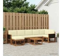 Teenpull Ensemble de canapé d'extérieur 8 pièces avec coussin naturel et crème, housse en polyester, bois d'acacia, salon modulaire pour terrasse, jardin ou piscine, comprend table, tabouret et