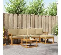 Teenpull Ensemble de canapé d'extérieur avec coussins, 6 pièces, naturel et beige, en bois d'acacia massif, avec table, tabouret, accoudoirs, salon pour terrasse et jardin, design moderne à lamelles