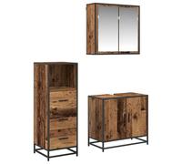 Teenpull Ensemble de mobilier de Salle de Bain 3 pcs en Bois d'ingénierie Finition Bois Ancien, Cabinet Miroir, Cabinet sous lavabo, Grand Cabinet avec tiroirs