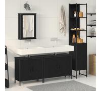 Teenpull Ensemble de mobilier de Salle de Bain 4 pcs Noir en Bois d'ingénierie avec Miroir Plan et Portes affleurantes, Meuble lavabo, Armoire Murale, Design Minimaliste et Rangement optimisé