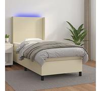 Teenpull Lit à sommier tapissier avec matelas et LED Crème 90 x 200 cm en cuir synthétique Lit rembourré avec tête de lit réglable en hauteur Cadre de lit durable pour chambre à coucher, chambre