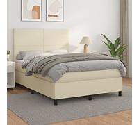 Teenpull Lit à sommier tapissier en cuir synthétique crème 140 x 190 cm, avec matelas à ressorts ensachés et surmatelas doux pour la peau, tête de lit réglable