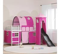 Teenpull Lit loft pour enfant blanc et rose 90 x 200 cm en métal avec sommier à lattes et matelas, cadre de lit stable pour chambre d'enfant, avec rideaux, toboggan, tour et aire de jeu