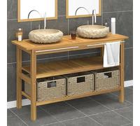 Teenpull Meuble de lavabo en teck massif 132 x 45 x 75 cm, avec 2 bacs en marbre crème, 3 paniers en jonc de mer, ensemble de meubles de salle de bain pour salle de bain, porte-serviettes
