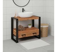 Teenpull Meuble de lavabo marron en bois massif d'acacia 71 x 33 x 58 cm avec tiroir et étagère, meuble de salle de bain espace de rangement pour salle de bain, peu encombrant, montage mural, cadre en