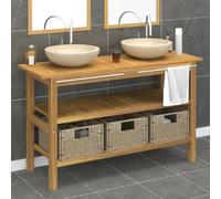 Teenpull Meuble sous lavabo en teck massif 132 x 45 x 75 cm, avec 2 bacs en marbre crème, 3 paniers en jonc de mer, porte-serviettes, pour salle de bain, WC d'invités