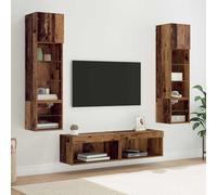 Teenpull Meuble TV mural en bois vieilli avec barres lumineuses LED, 6 pièces, 14 étagères, 2 portes à charnière, capacité de charge de 60 kg, planche multimédia moderne pour salon, home cinéma
