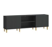 Teenpull Meuble TV noir en bois 150 x 31 x 50 cm avec 2 portes pivotantes à 90°, étagère, pieds coniques, espace de rangement polyvalent pour salon, appareils multimédias et console de jeux
