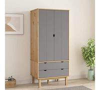 Teenpull OTTA Armoire en bois massif de pin marron gris 76,5 x 53 x 172 cm avec 2 tiroirs et espace de rangement pour chambre à coucher, chambre d'adolescent, chambre d'enfant, style maison de