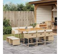 Teenpull Salon de jardin 11 pièces en polyrotin avec table en bois d'acacia, 6 chaises, 4 tabourets, pliable et empilable, beige, pour terrasse, balcon, résistant aux intempéries et facile d'entretien