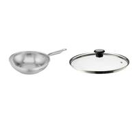 Tefal E49219 Virtuoso Poêle wok en acier inoxydable de qualité supérieure non scellée Finition brossée Compatible induction Passe & 280977 Couvercle en Verre 28 cm avec Anneau