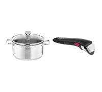 Tefal Faitout 24 cm, Induction, Acier inoxydable 18/10, Garantie 10 ans, Couvercle filtrant en verre & Ingenio Poignée amovible noire, Empilable, Verrouillage sécurité 3 points