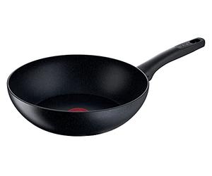 Tefal G28119 Black Stone Poêle wok, 28 cm, avec revêtement anti-adhésif, signal thermique, sûre, convient à l'induction, cuisson saine, effet pierre, noire, aluminium