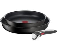 Tefal Ingenio Unlimited Set de 3 pièces empilables Acier inoxydable Revêtement antiadhésif sûr Induction Poignées amovibles Polyvalent Peu encombrant Empilable Indicateur de chaleur noir Poêles