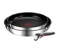 Tefal L97490 Ingenio Preference On Lot de 3 poêles empilables avec revêtement anti-adhésif Convient pour l'induction, indicateur de température du signal thermique, noir/acier inoxydable, grand modèle