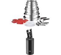 Tefal lot Ingenio Batterie de cuisine 20 pièces, Poêles, Casseroles, 2 poignées amovibles, Induction, Empilable, L897SK04 + Tefal bloc de couteaux de cuisine, 4 couteaux, Acier inoxydable K2324S55