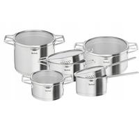 Tefal Nordica Batterie de cuisine 10 pièces, casserole à manche 16 cm + casseroles 18/20/22/24 cm en acier inoxydable + couvercles en verre, bec verseur, égouttement facile, induction