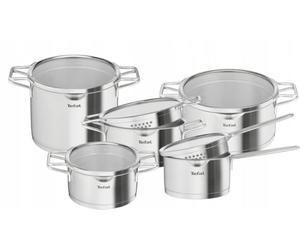 Tefal Nordica Batterie de cuisine 10 pièces, casserole avec poignée 16 cm + casseroles 18/20/22/24 cm en acier inoxydable + couvercles en verre, bec verseur, égouttement facile, induction