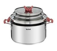 Tefal Opti’Space Lot de 3 faitouts 18/20/24 cm + 3 couvercles verre, Induction, Acier inoxydable, Empilable G720S674, Argent,transparent