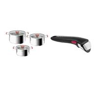 Tefal Opti’Space Lot de 3 faitouts 18/20/24 cm + 3 couvercles verre, Induction, Acier inoxydable & Ingenio Poignée amovible noire, Empilable, Verrouillage sécurité 3 points