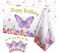 Tegeme Décorations de fête Papillon, Nappe d'anniversaire rectangulaire, Aquarelle Violette, Nappe en Plastique sur Le thème du Printemps pour fête de Fille, 274 x 137 cm (Rose, Violet, 3 pièces)