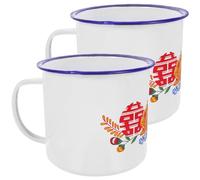 TEHAUX 2 Pièces Tasse à Thé en Émail 700ml, Style Chinois Rétro, Usage | Coloris Blanc, Base Stable et Transport Pratique, Motif Fleuri, Adaptée aux Jus, Soupes, Bière ou Café