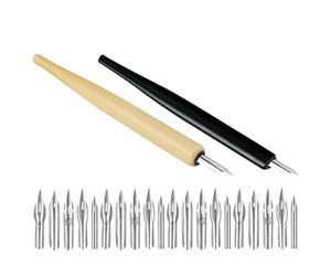TEHAUX Lot de 2 Sets de Sets de Stylos à Dessin avec Plumage Interchangeables en Acier Inoxydable et Manches en Bois, Grip Confortable, pour Dessin de Bandes Dessinées et Croquis