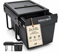 TEHORNEO Poubelle sous Evier, Poubelle sous Evier Coulissante 2x15 L Acier et Plastique, Poubelle Cuisine sous Evier, poubelle Coulissante, Poubelle Placard, Capacité de 30 L