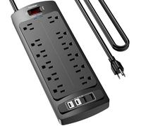 Teiobar Rallonge multiprise de 3 m avec 12 prises CA et 4 ports USB pour la maison, le bureau, le dortoir, 1875 W/15 A, 2 700 joules, certifié ETL, noir
