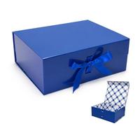 Tekhoho Grand Boîte Cadeau Bleu 33.5x27x12.5 cm, Boîte Cadeau Haut de Gamme avec Couvercle Magnétique et Ruban pour Emballage Cadeau de Vacances, Mariage, Anniversaire, Doublure à Carreaux