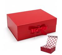 Tekhoho Grand Boîte Cadeau Rouge 33.5x27x12.5 cm, Boîte Cadeau Haut de Gamme avec Couvercle Magnétique et Ruban pour Emballage Cadeau de Vacances, Mariage, Anniversaire, Doublure à Carreaux